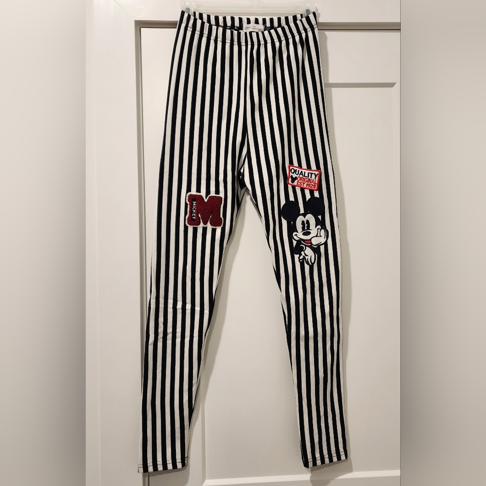 Black and White Striped Mickey Mouse Big M Cotton Leggings Pants One size